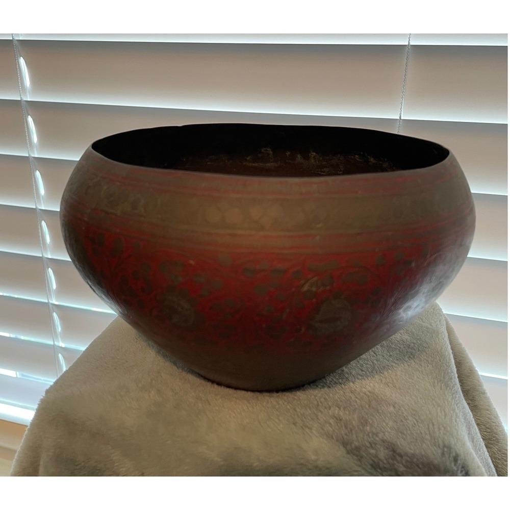 Vintage Etched Brass‎ Peacock Bowl Red Enamel Hand Crafted Made in India Decor